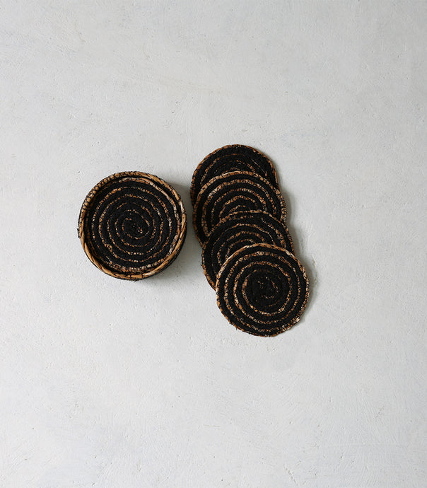 'Simply Black' Woven Coasters & Holder / Set 4