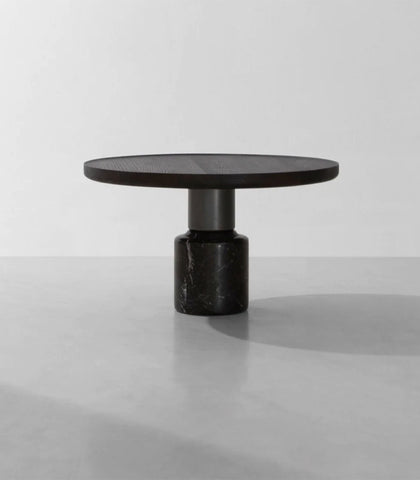 District Eight / 'Stilt' Coffee Table / Dark Seared Oak & Antique Brass / 60cmD / Medium