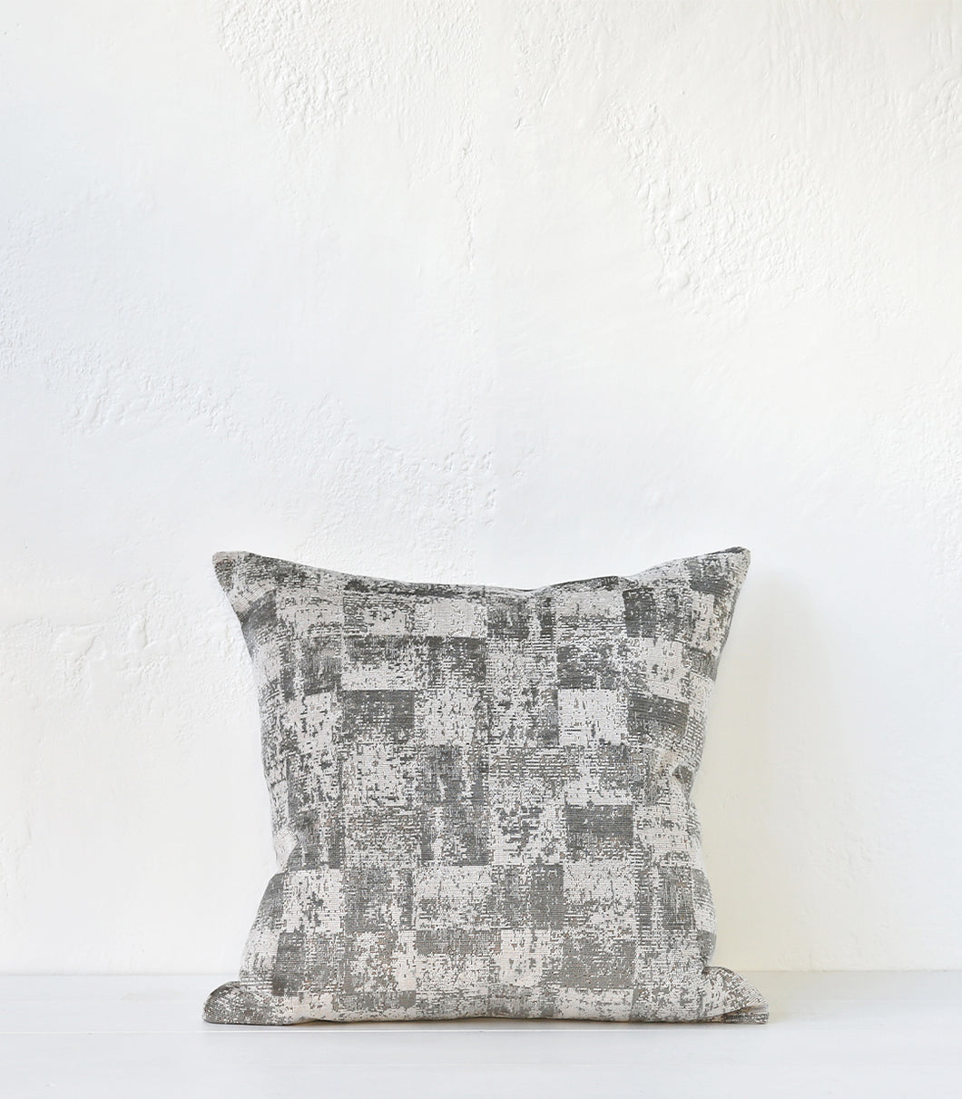 'Velvet Check' Cushion / NZ MADE / Feather Inner / 55x55cm / Silver Grey
