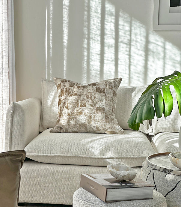 'Velvet Check' Cushion / NZ MADE / Feather Inner /55x55cm / Taupe