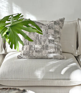 'Velvet Check' Cushion / NZ MADE / Feather Inner / 55x55cm / Silver Grey